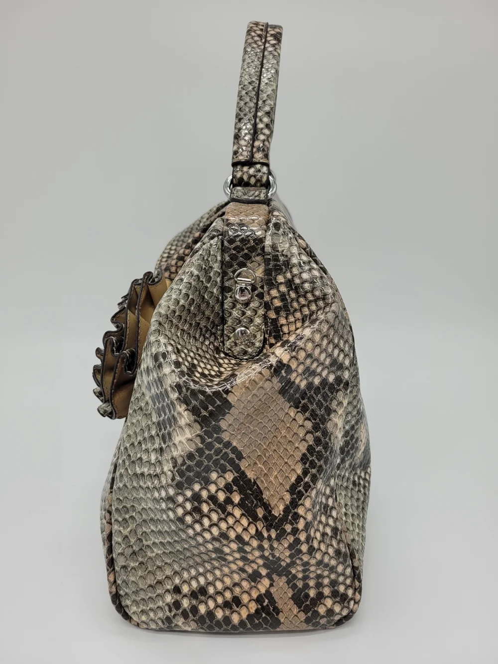 Nicole Miller Faux Snakeskin Top Handle Bag Ruffle Beige Black Python Y2K Purse